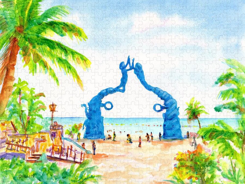 Playa Del Carmen Jigsaw Puzzle featuring the painting Playa del Carmen Portal Maya Statue by Carlin Blahnik CarlinArtWatercolor