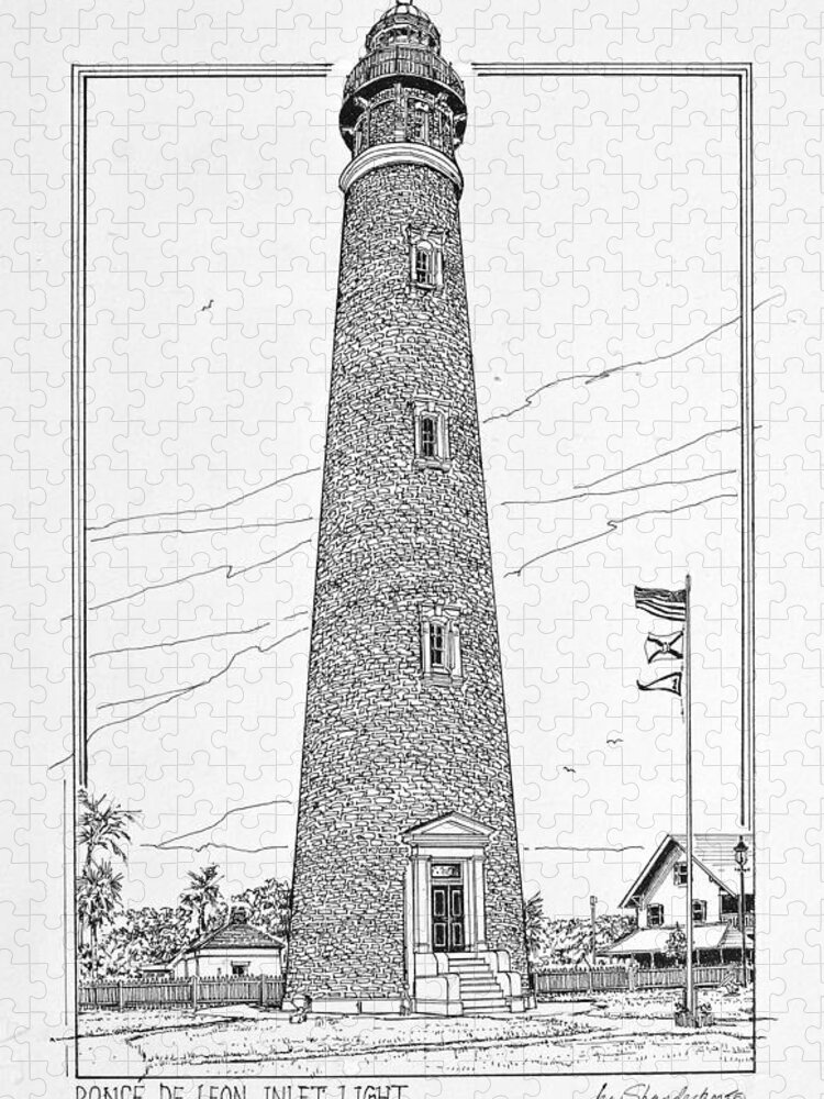 Us Lighthouses Jigsaw Puzzle featuring the drawing Ponce de Leon Inlet Light by Ira Shander