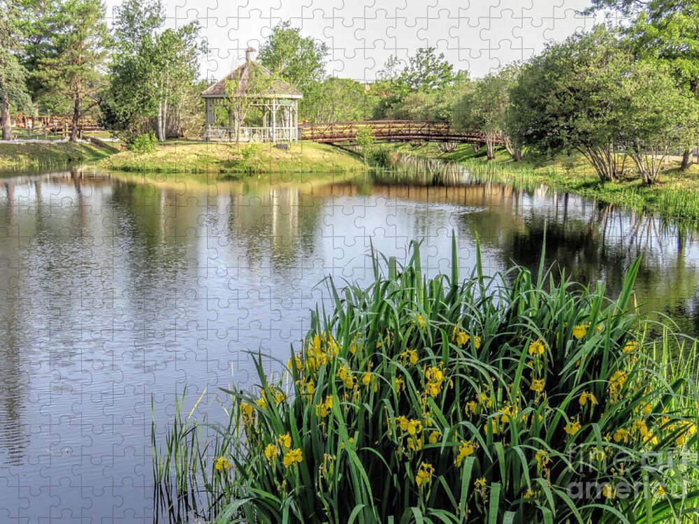 Plymouth Cordage Co Jigsaw Puzzle featuring the photograph Pond and Gazebo at Cordage Park  by Janice Drew