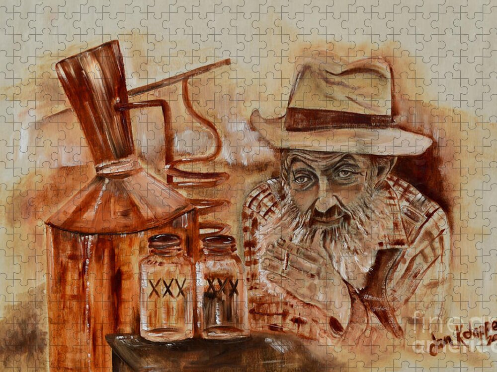 Popcorn Sutton Jigsaw Puzzle featuring the painting Popcorn Sutton - Waiting on Shine by Jan Dappen