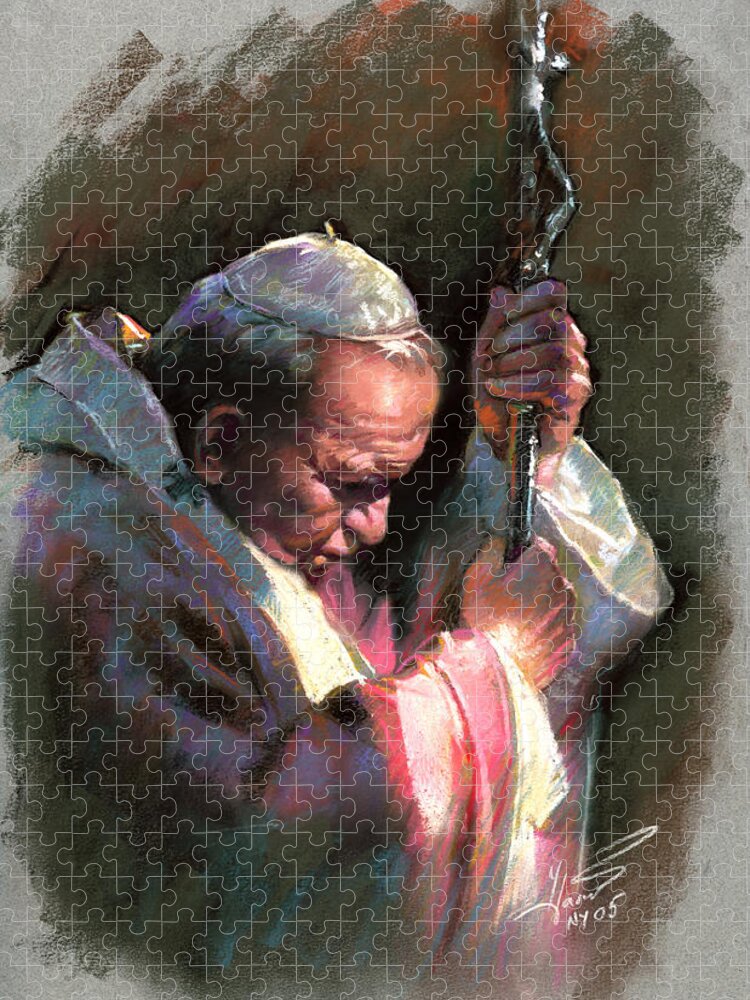 Portrait Jigsaw Puzzle featuring the pastel Pope John Paul II by Ylli Haruni