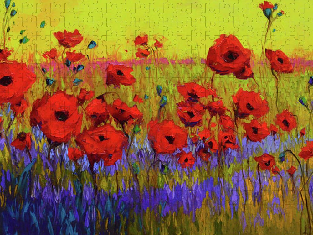 Colorful Wildflowers Jigsaw Puzzle featuring the painting Poppy Flower Field Oil Painting with Palette knife by Patricia Awapara