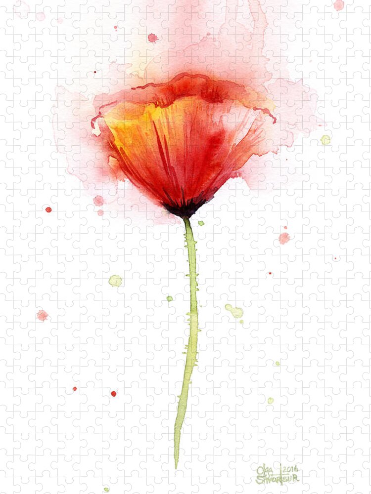 Watercolor Jigsaw Puzzle featuring the painting Poppy Watercolor Red Abstract Flower by Olga Shvartsur