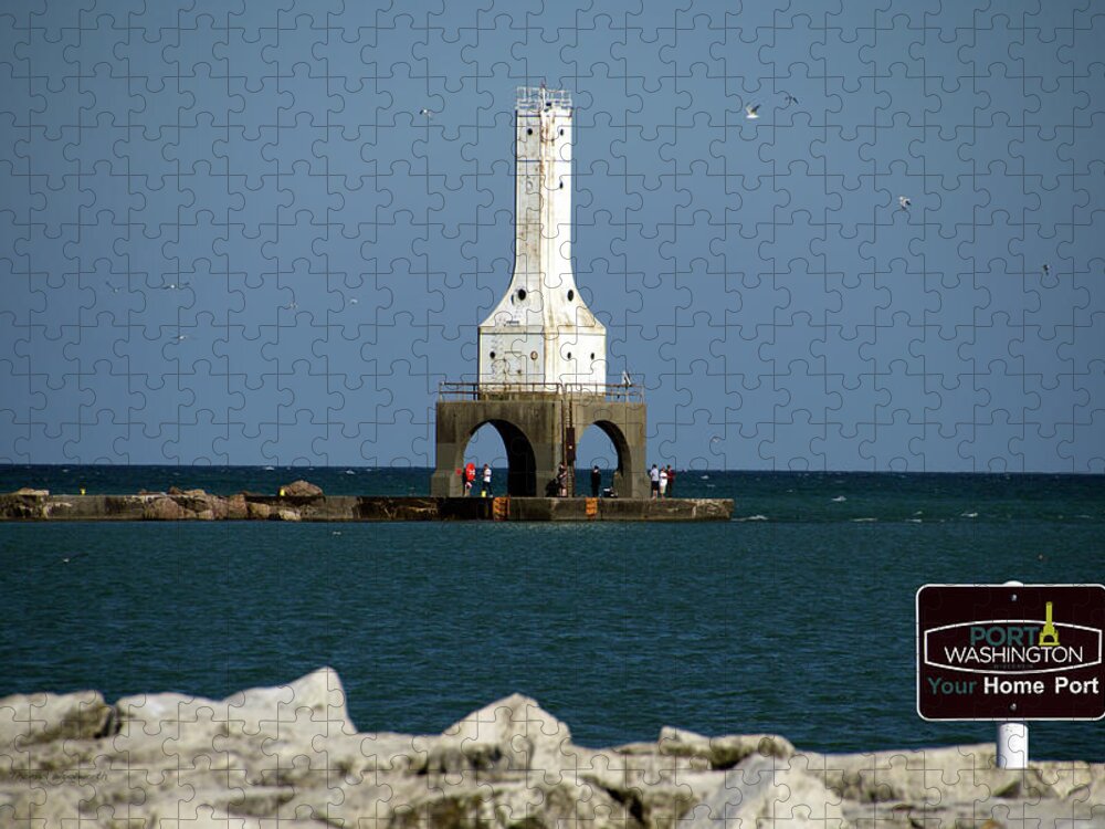 Lighthouse Jigsaw Puzzle featuring the photograph Port Washington Lighthouse Wisconsin 01 Signage by Thomas Woolworth