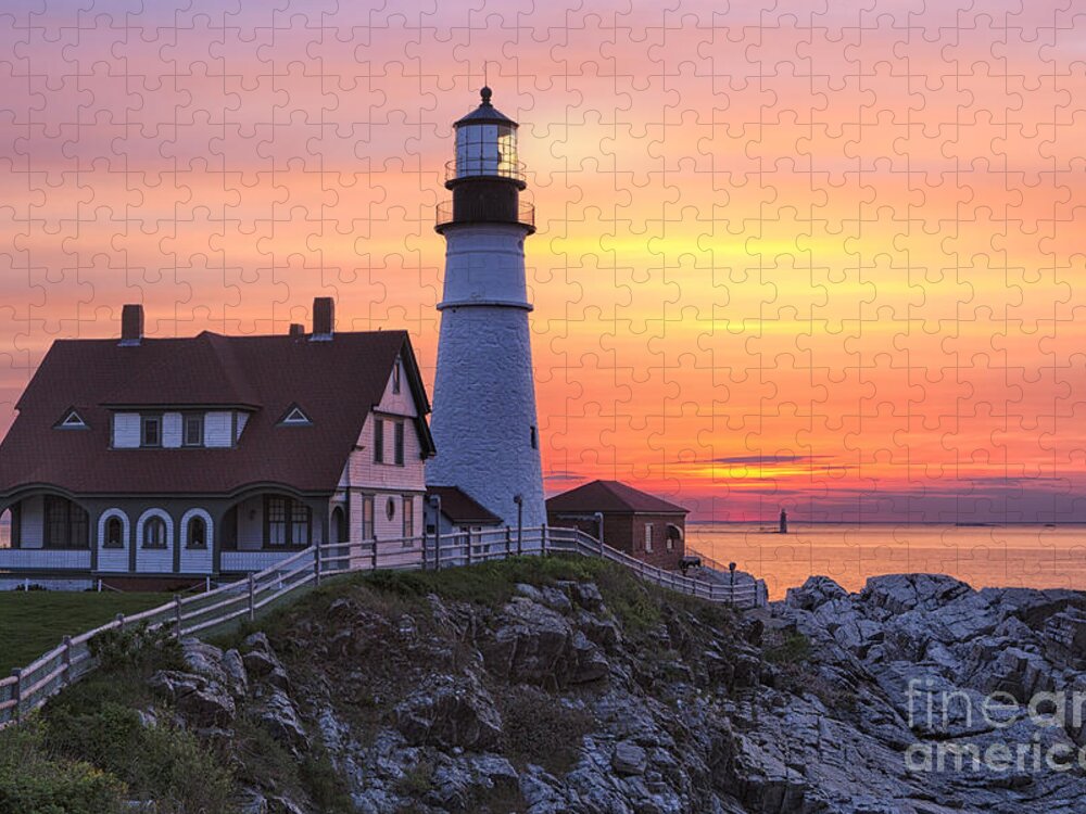 Atlantic Jigsaw Puzzle featuring the photograph Portland Head Lighthouse Sunrise by Jerry Fornarotto