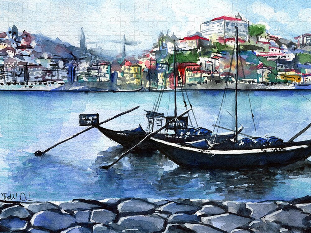 Porto Painting Jigsaw Puzzle featuring the painting Porto Rabelo Boats by Dora Hathazi Mendes