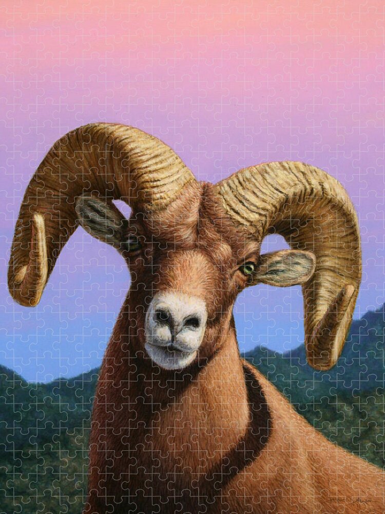Bighorn Jigsaw Puzzle featuring the painting Portrait of a Bighorn by James W Johnson