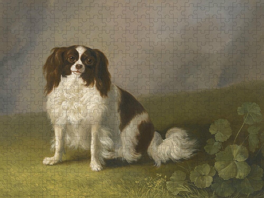 18th Century Art Jigsaw Puzzle featuring the painting Portrait of a King Charles Spaniel in a Landscape by Jacob Philipp Hackert