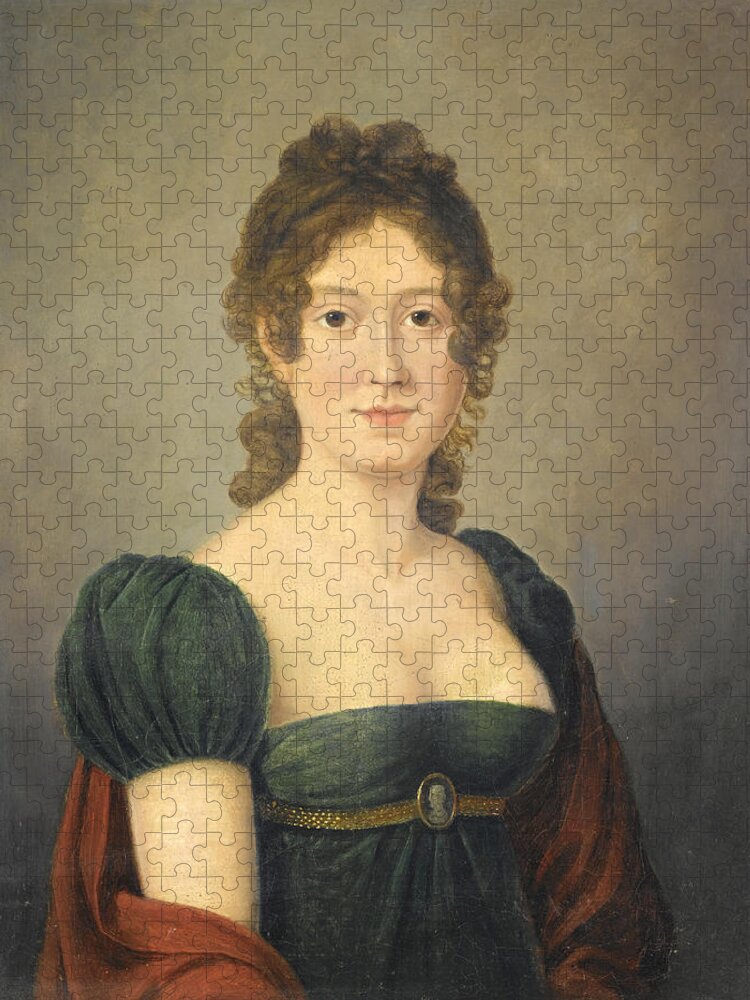 French School Jigsaw Puzzle featuring the painting Portrait of a Lady in a Green Dress decorated with a Cameo by French School