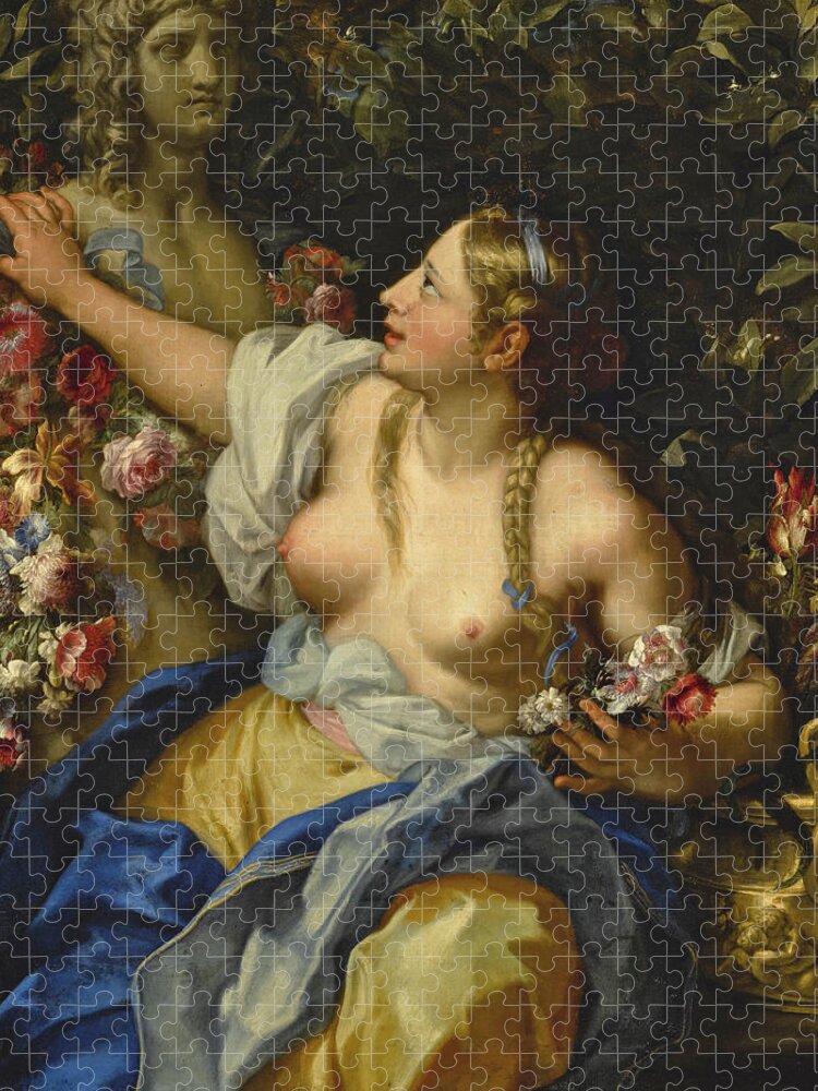Carlo Maratta Jigsaw Puzzle featuring the painting Portrait of a Young Woman, Three Quarter Length, as Flora by Carlo Maratta