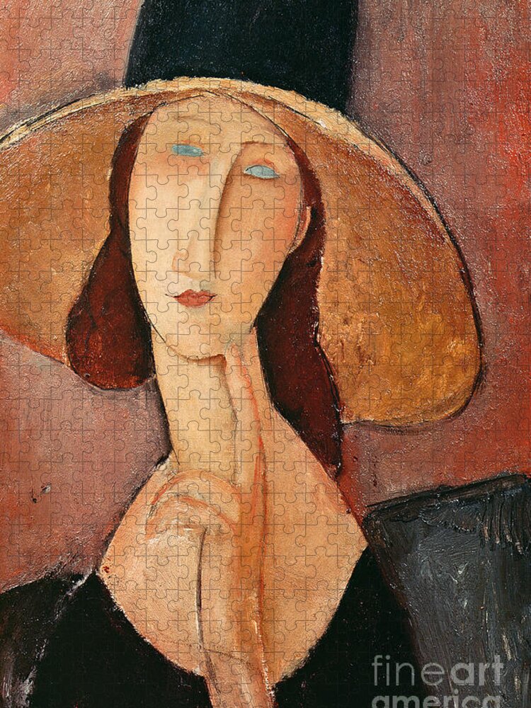 Portrait Jigsaw Puzzle featuring the painting Portrait of Jeanne Hebuterne in a large hat by Amedeo Modigliani