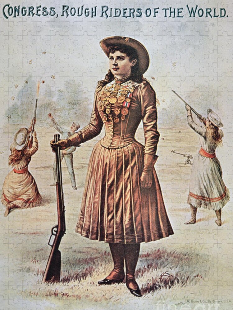Annie Oakley Jigsaw Puzzle featuring the painting Poster for Buffalo Bill's Wild West Show with Annie Oakley by American School