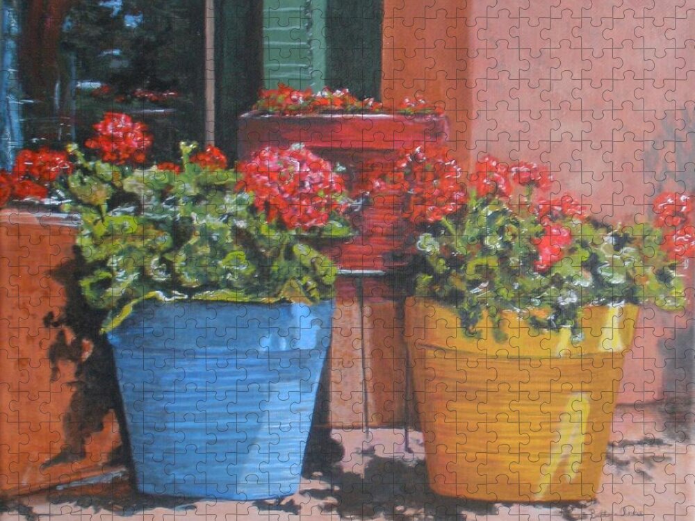 Flowers Jigsaw Puzzle featuring the painting Pots of Geraniums by Betty-Anne McDonald