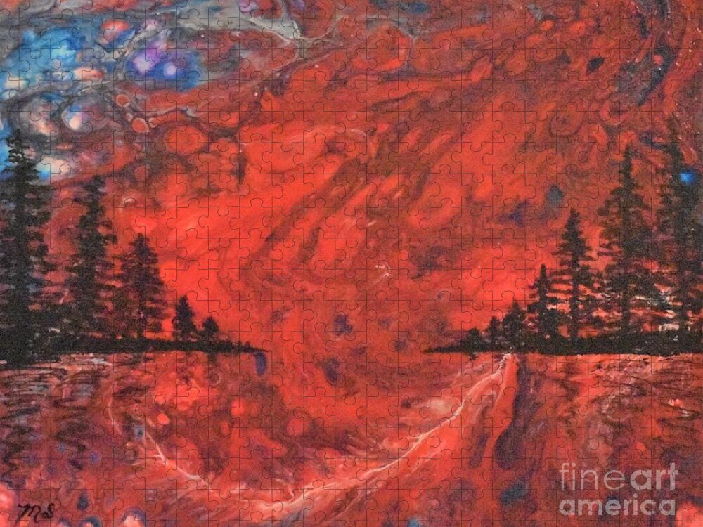 Pour Jigsaw Puzzle featuring the painting Pour - Red and Pines by Monika Shepherdson