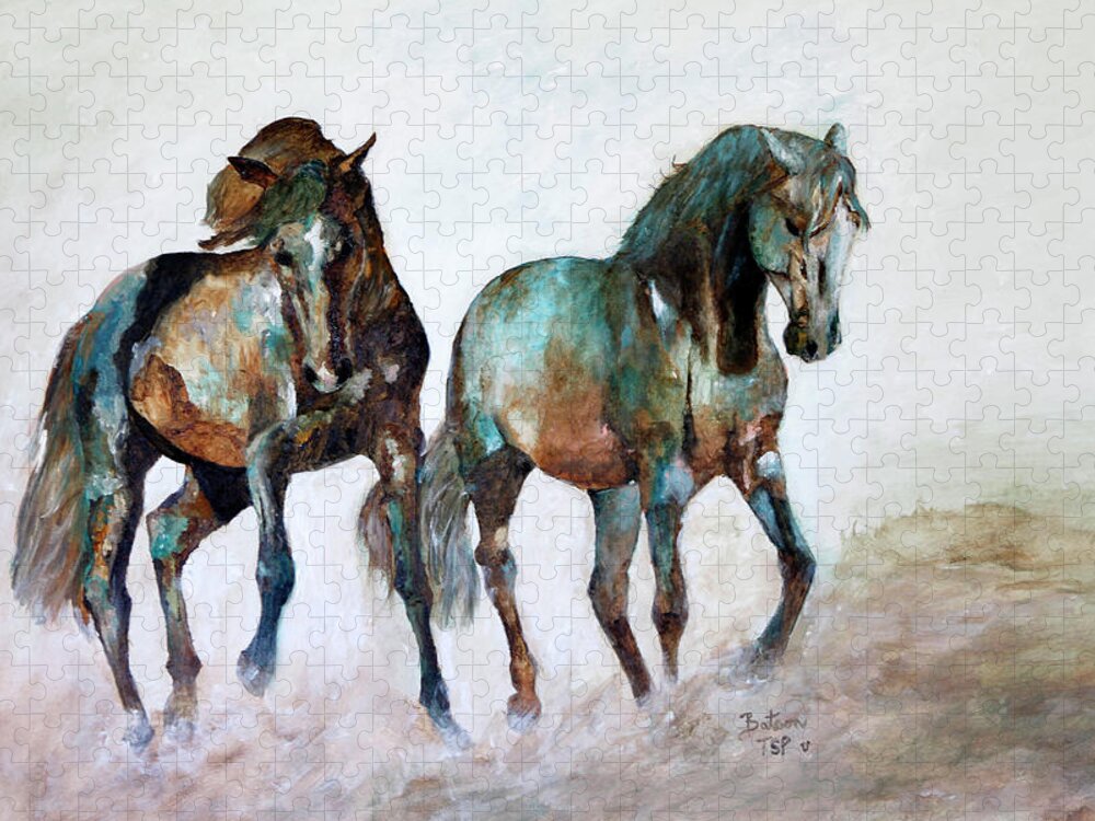 2 Horses Jigsaw Puzzle featuring the painting Prairie Horse Dance by Barbie Batson