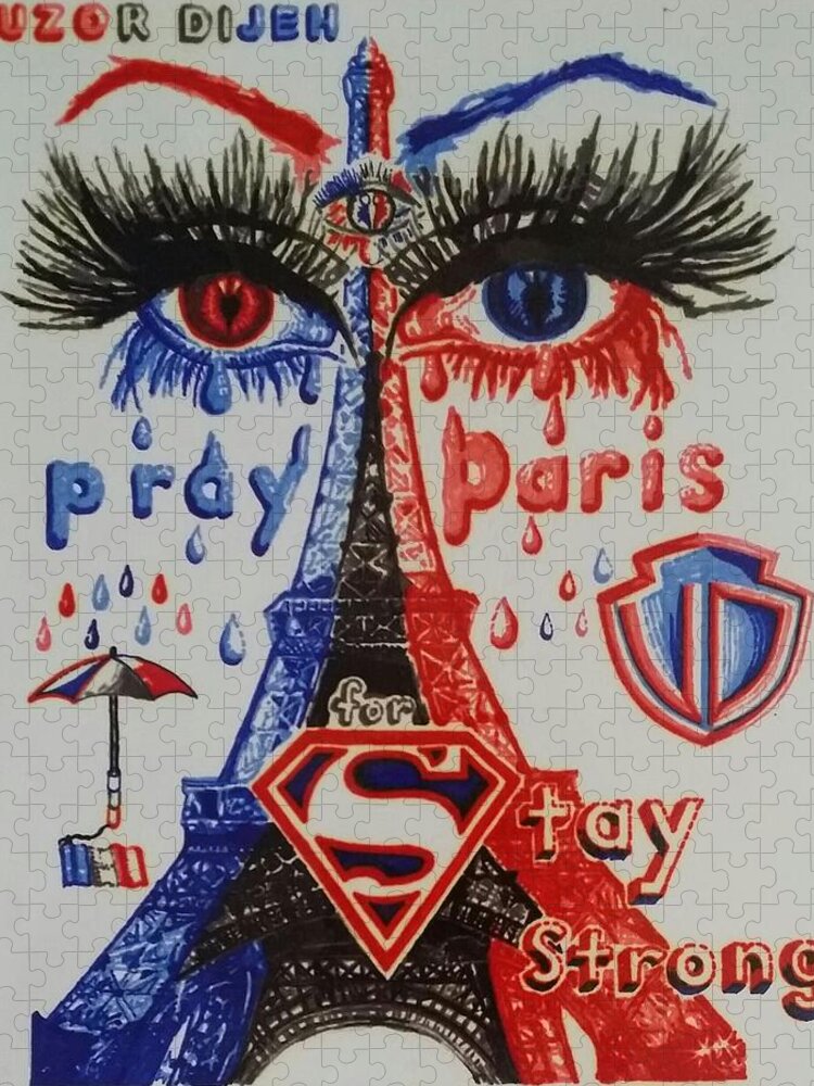 Blue Contemporary Cries Cry Eiffel Eyes France Markers Paris Permanent Portrait Red Sharpie Tears Jigsaw Puzzle featuring the drawing Pray for Paris by Uzor Dijeh