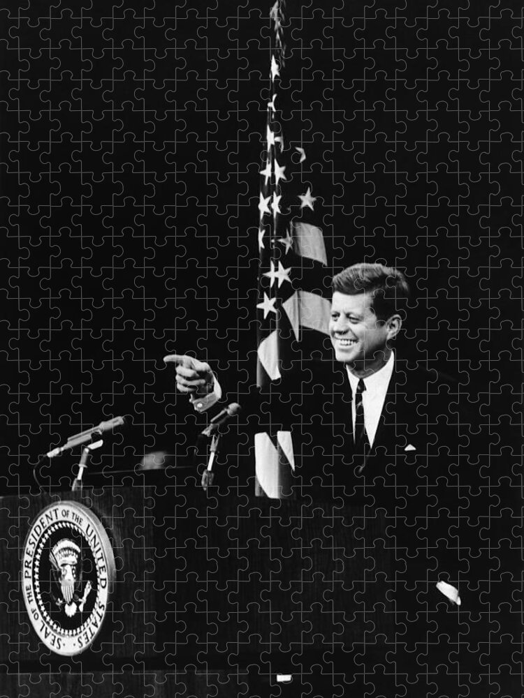Jfk Jigsaw Puzzle featuring the photograph President Kennedy At Press Conference - 1962 by War Is Hell Store