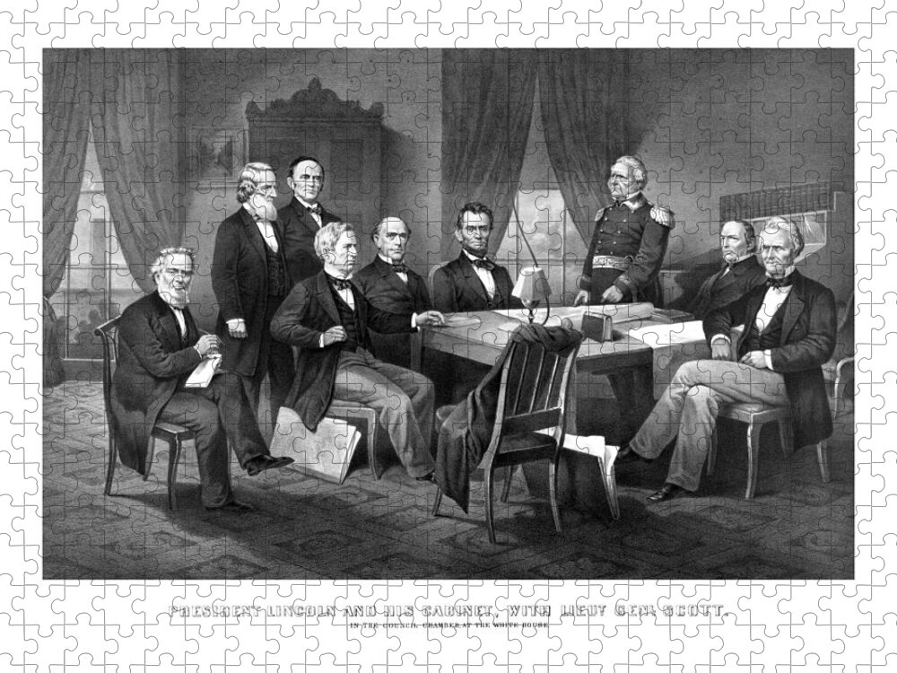 Abraham Lincoln Jigsaw Puzzle featuring the mixed media President Lincoln His Cabinet and General Scott by War Is Hell Store