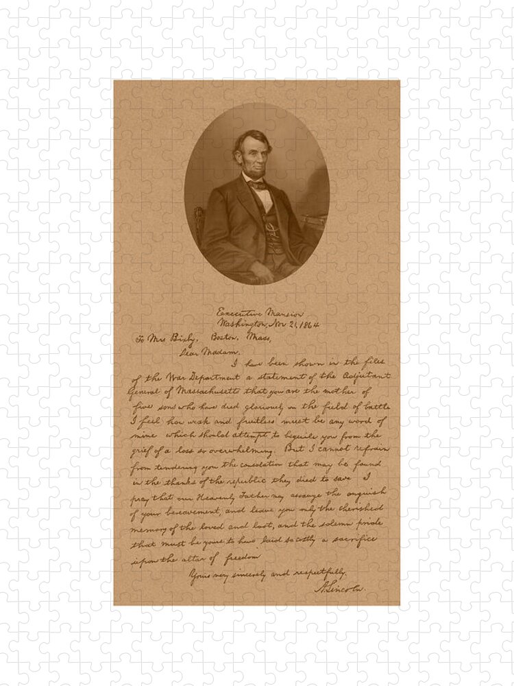 Bixby Letter Jigsaw Puzzle featuring the mixed media President Lincoln's Letter To Mrs. Bixby by War Is Hell Store