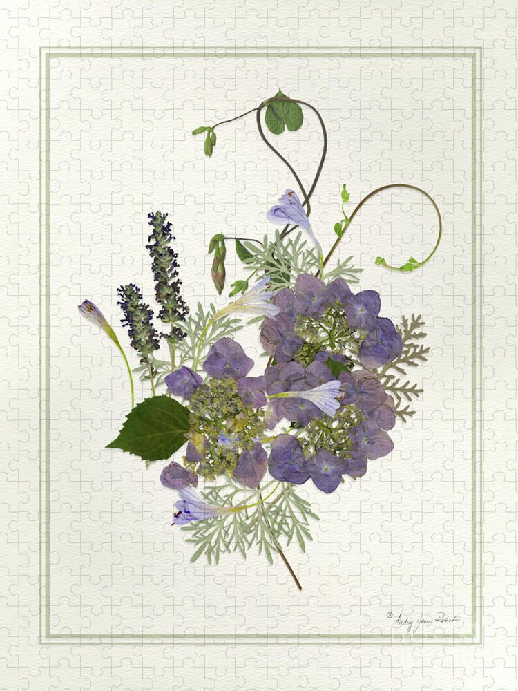 Morning Glory Jigsaw Puzzle featuring the painting Pressed Dried Flower Painting - Blue Hydrangeas Morning Glory Lavender Ferns by Audrey Jeanne Roberts
