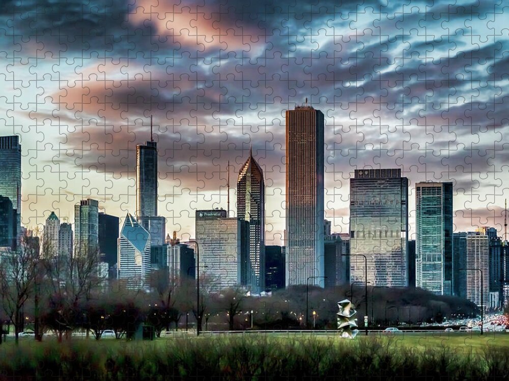 Chicago Jigsaw Puzzle featuring the photograph Pretty clouds over Chicago Skyline by Sven Brogren