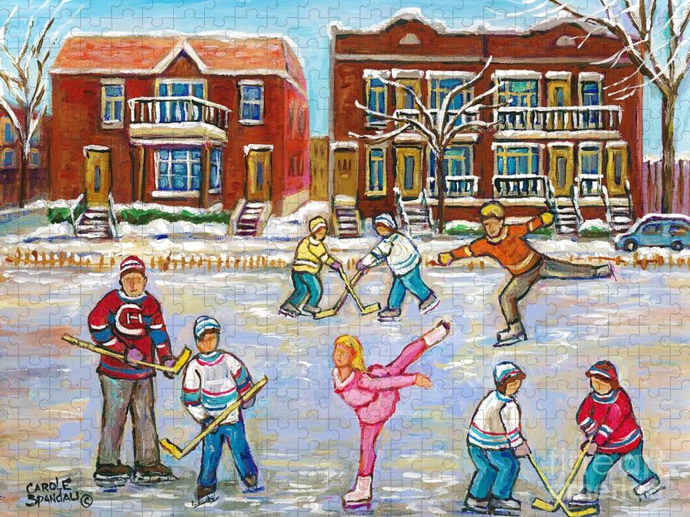 Montreal Jigsaw Puzzle featuring the painting Pretty Little Pink Skater And Hockey Dad Share Ice Time Snowy Montreal Duplexes C Spandau Art by Carole Spandau