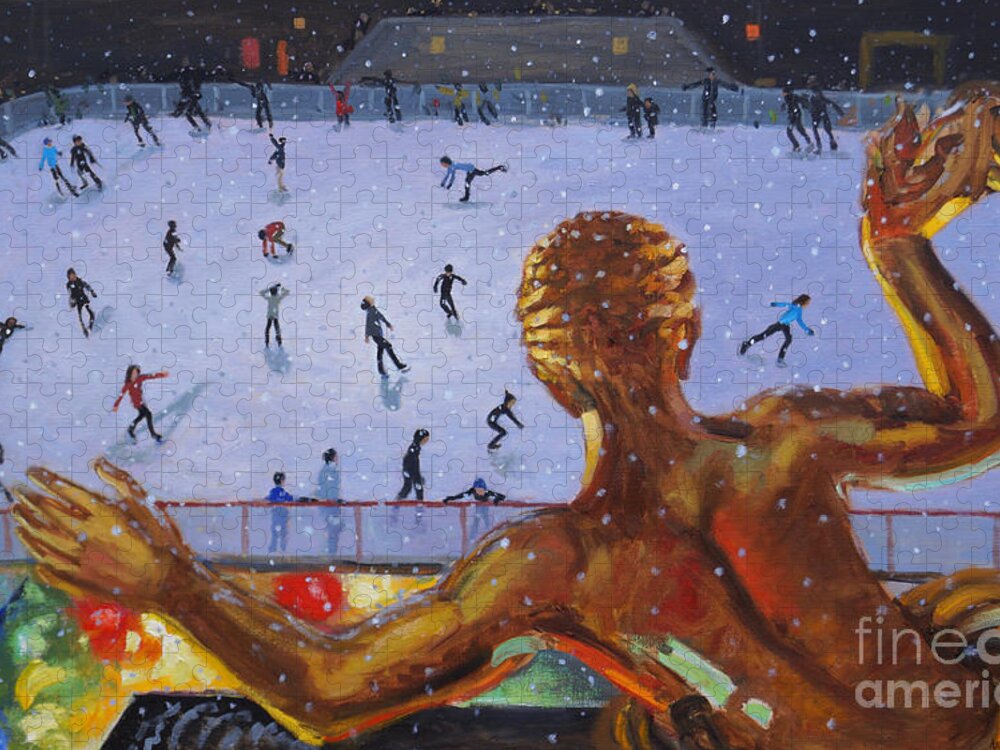Prometheus Jigsaw Puzzle featuring the painting Prometheus, Rockefeller Ice Rink, New York by Andrew Macara
