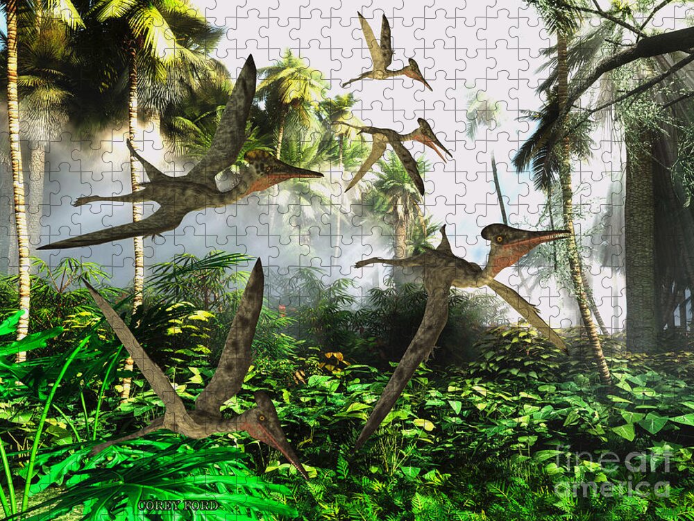 Dinosaur Jigsaw Puzzle featuring the painting Pterodactylus Flying Reptiles by Corey Ford