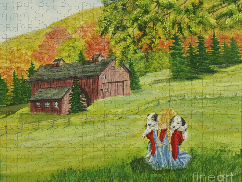 Country Kids Art Jigsaw Puzzle featuring the painting Puppy Love by Charlotte Blanchard