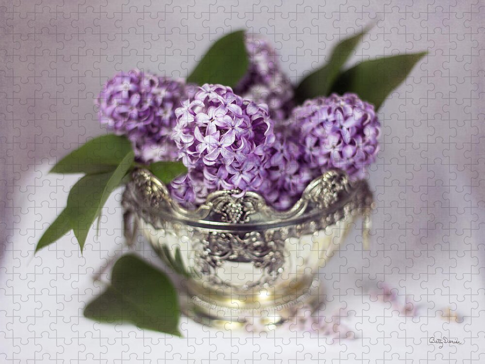 Purple Jigsaw Puzzle featuring the photograph Purple Lilacs in Silver Bowl by Betty Denise