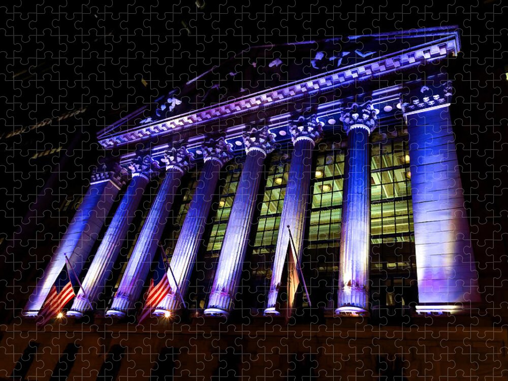 Georgia Mizuleva Jigsaw Puzzle featuring the digital art Purple New York Stock Exchange at Night - Impressions Of Manhattan by Georgia Mizuleva