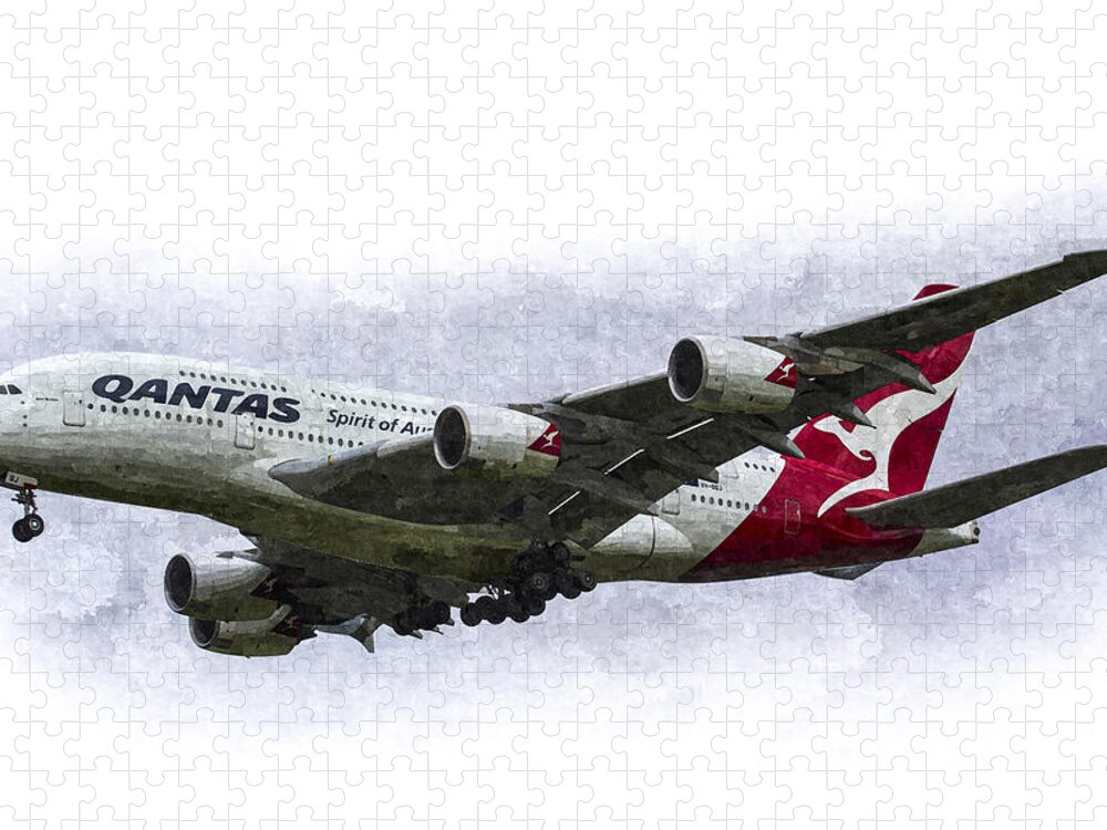 Qantas Jigsaw Puzzle featuring the photograph Qantas Airbus A380 Art by David Pyatt