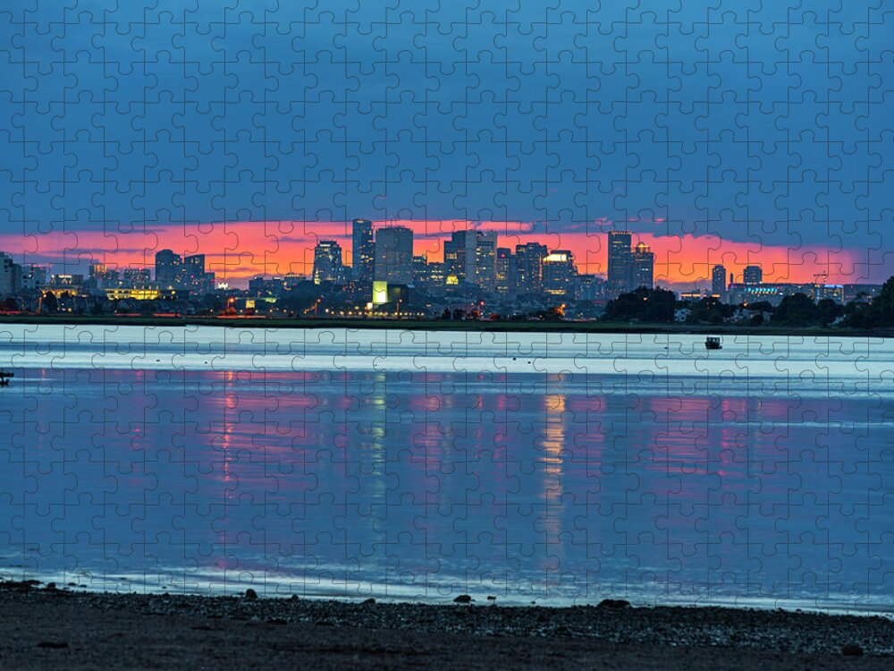 Quincy Jigsaw Puzzle featuring the photograph Quincy MA Red Sunset behind the Boston Skyline Wollaston Beach by Toby McGuire