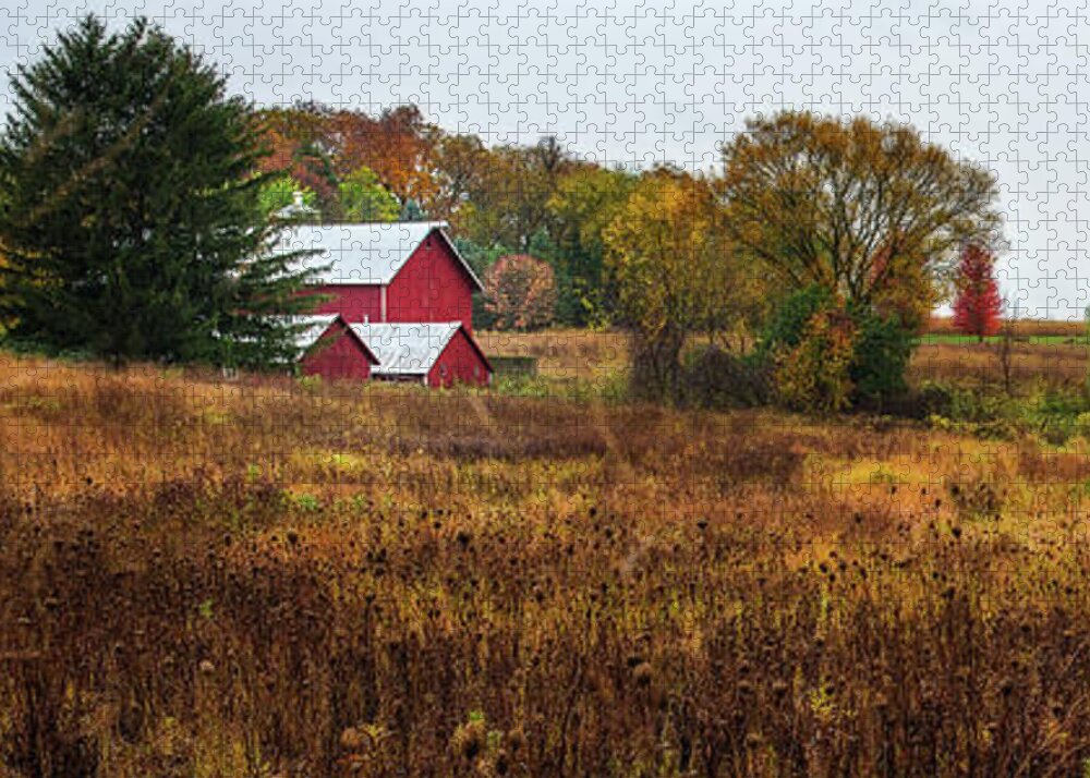 Wisconsin Countryside Farm Dairy Windmill Barns Red Panorama Horizontal Autumn Fall Scenic Landscape Jigsaw Puzzle featuring the photograph Quintessential Wisconsin #2 by Peter Herman