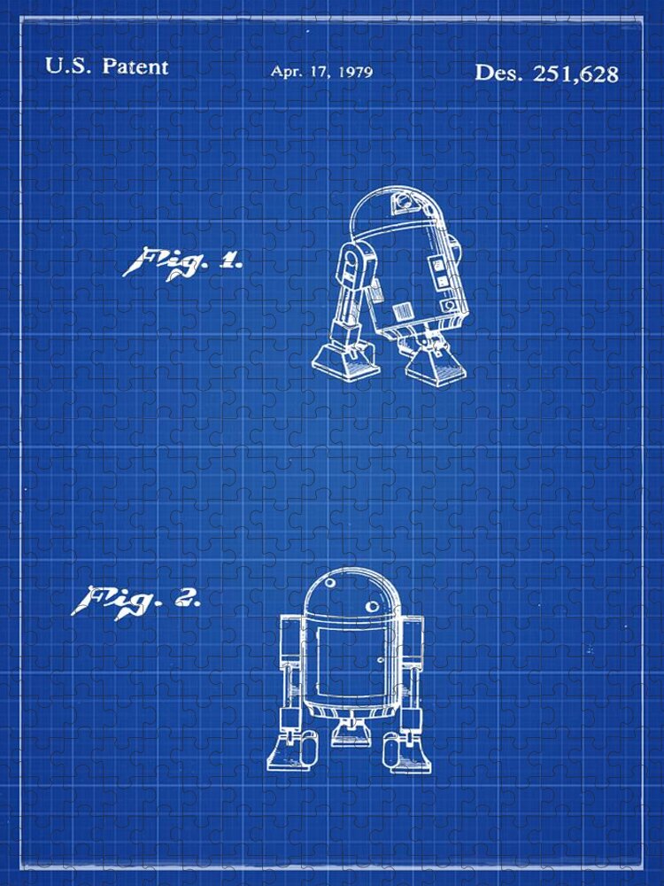 Starwars; C3p0; Patent; 1979; Robot; Star; Wars; Trek; Space; George; Lucas; Bill; Cannon; Photography; R2d2; Skywalker; Darth; Vader; Boba; Fett; Blue; Print; Blueprint Jigsaw Puzzle featuring the photograph R2D2 Patent 1979 by Bill Cannon