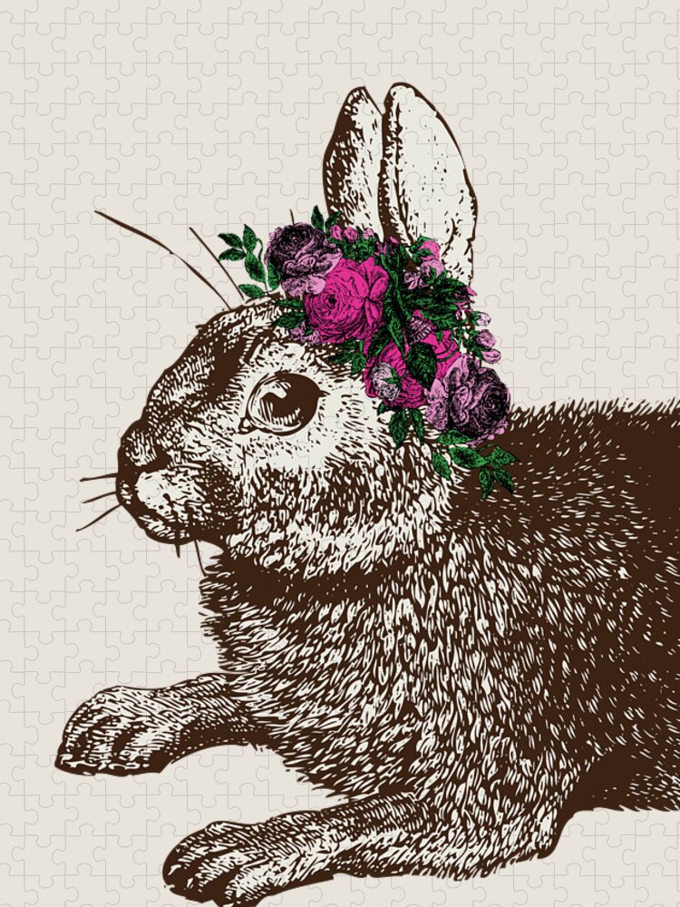 Rabbit And Roses Jigsaw Puzzle featuring the digital art Rabbit and Roses by Eclectic at Heart