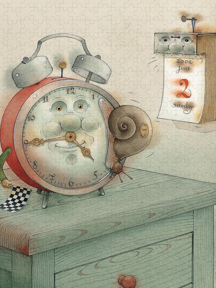 Race Clock Snail Calendar Time Jigsaw Puzzle featuring the painting Race by Kestutis Kasparavicius