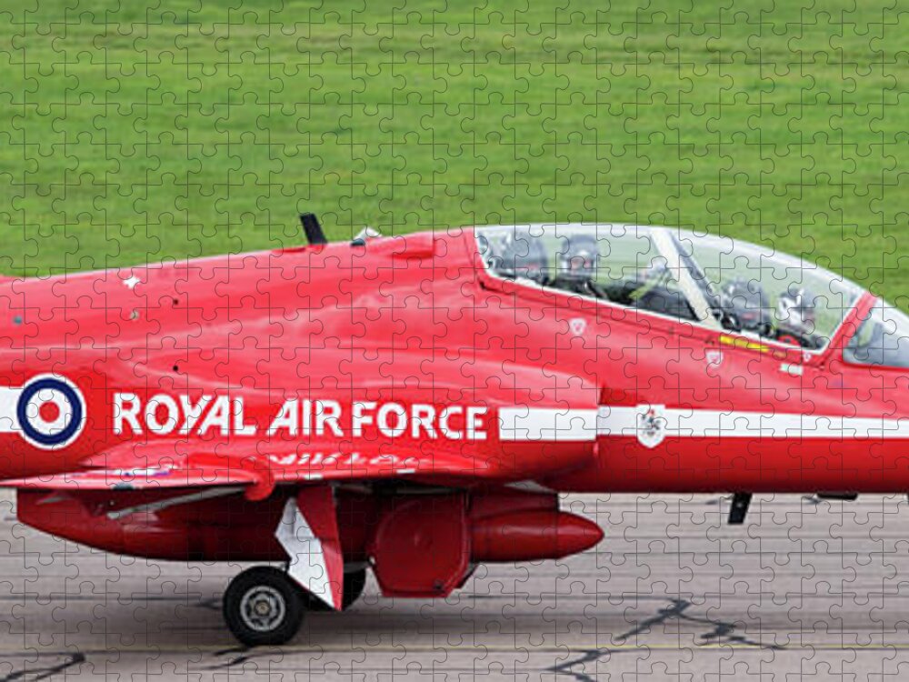 Red Arrows Jigsaw Puzzle featuring the photograph RAF Scampton 2017 - Red Arrows XX322 Sitting On Runway by Scott Lyons