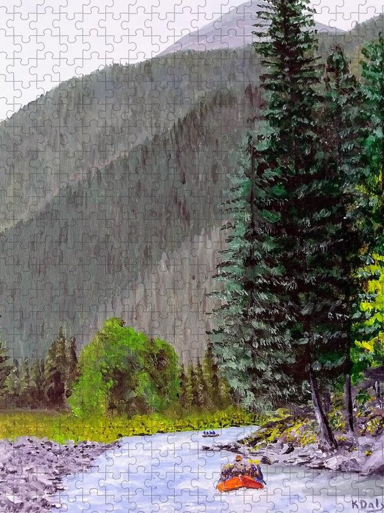 Gallatin River Jigsaw Puzzle featuring the painting Rafting the Gallatin by Kevin Daly