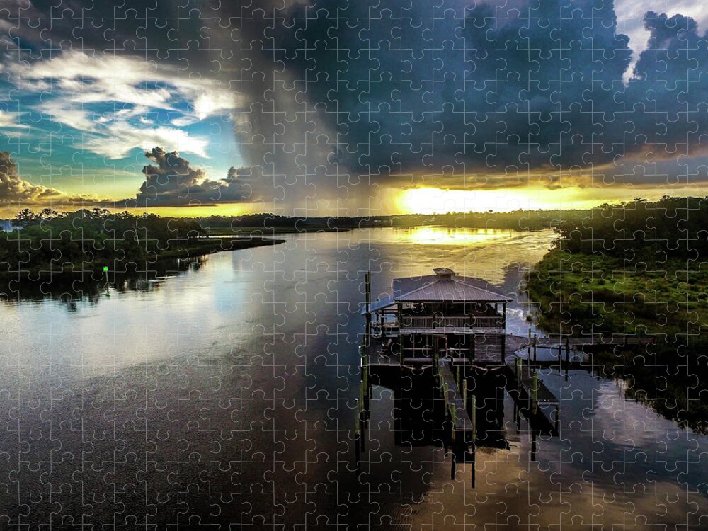 Bon Secour Jigsaw Puzzle featuring the photograph Rain Over Boathouse on the Bon Secour River by Michael Thomas