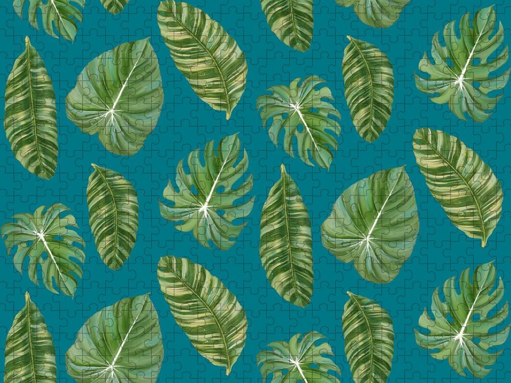 Tropical Jigsaw Puzzle featuring the painting Rainforest Resort - Tropical Leaves Elephant's Ear Philodendron Banana Leaf by Audrey Jeanne Roberts