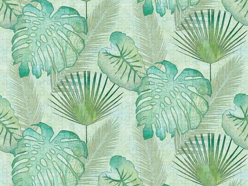 Rain Jigsaw Puzzle featuring the painting Rainforest Tropical - Elephant Ear and Fan Palm Leaves Repeat Pattern by Audrey Jeanne Roberts