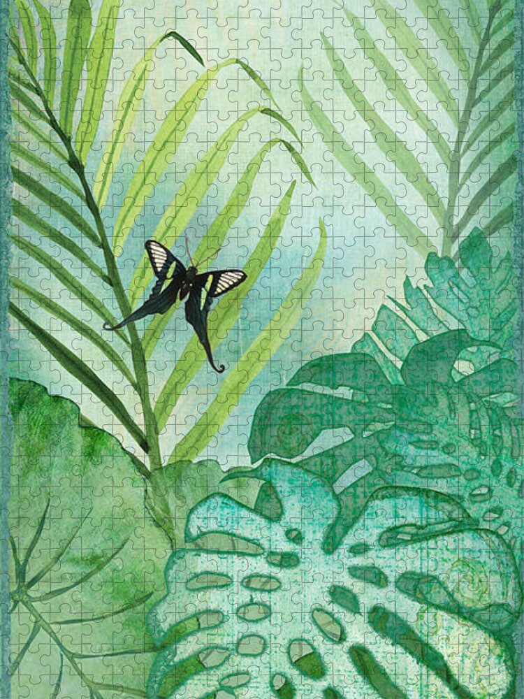 Jungle Jigsaw Puzzle featuring the painting Rainforest Tropical - Philodendron Elephant Ear and Palm Leaves w Botanical Butterfly by Audrey Jeanne Roberts