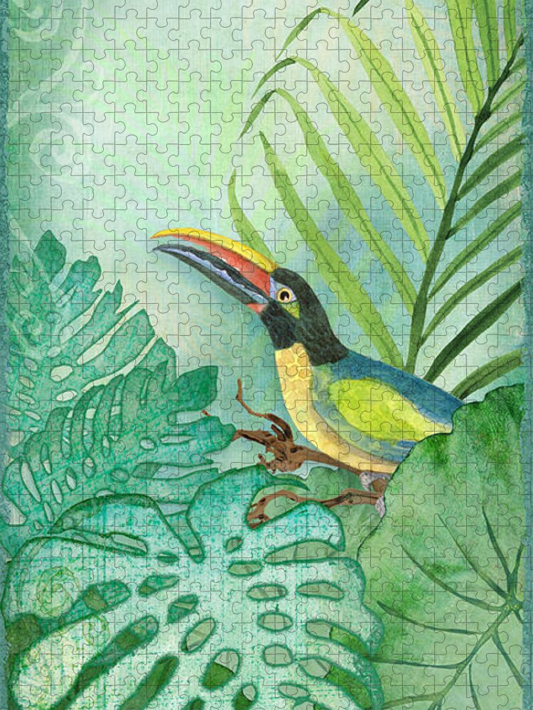 Toucan Jigsaw Puzzle featuring the painting Rainforest Tropical - Tropical Toucan w Philodendron Elephant Ear and Palm Leaves by Audrey Jeanne Roberts