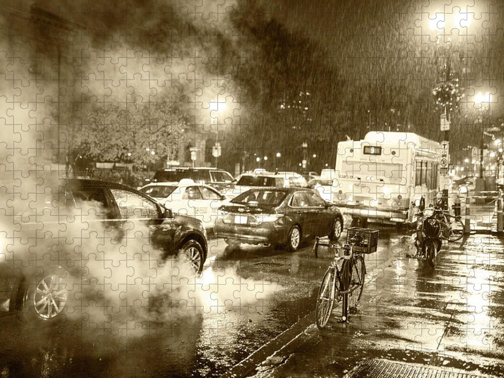 Boston Jigsaw Puzzle featuring the photograph Rainy Night in Boston MA Steamy Street Sepia by Toby McGuire