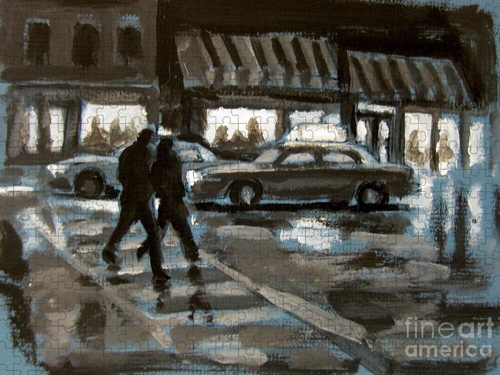 Urban Jigsaw Puzzle featuring the painting Rainy Nights Downtown by John Malone