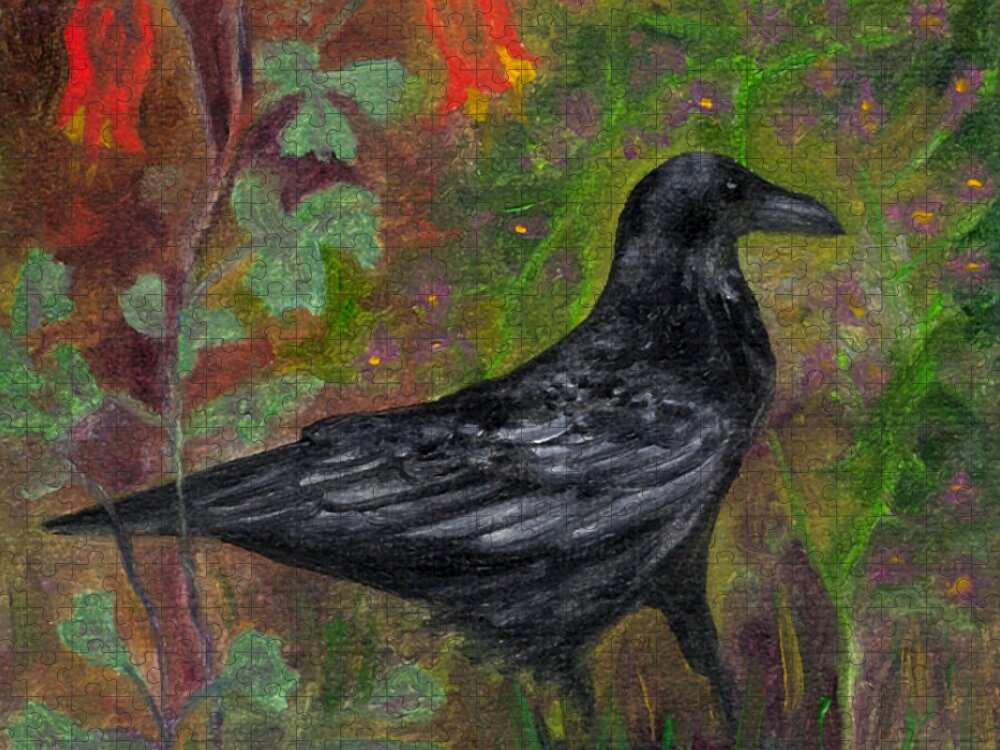Birds Jigsaw Puzzle featuring the painting Raven in Columbine by FT McKinstry