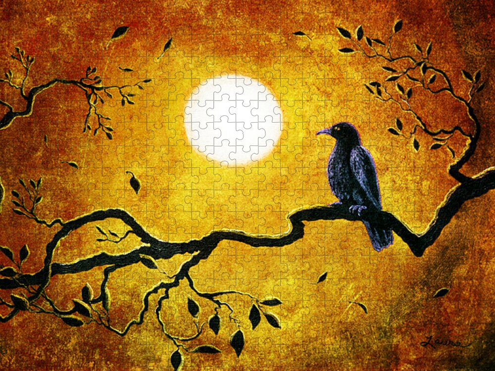 Crow Jigsaw Puzzle featuring the digital art Raven in Golden Splendor by Laura Iverson