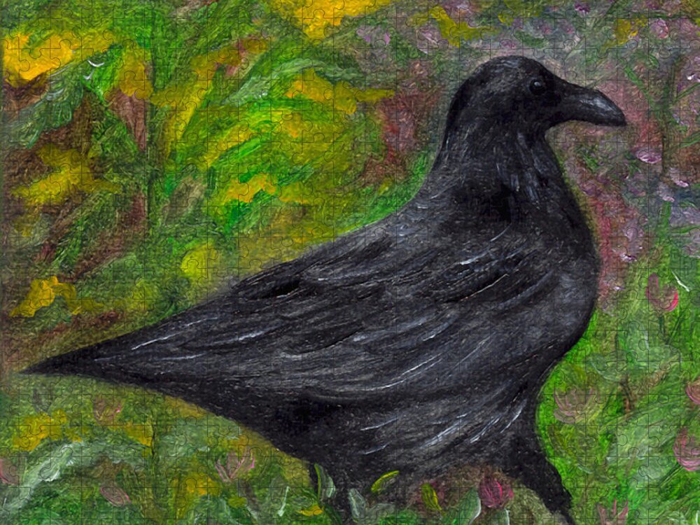 Birds Jigsaw Puzzle featuring the painting Raven in Goldenrod by FT McKinstry