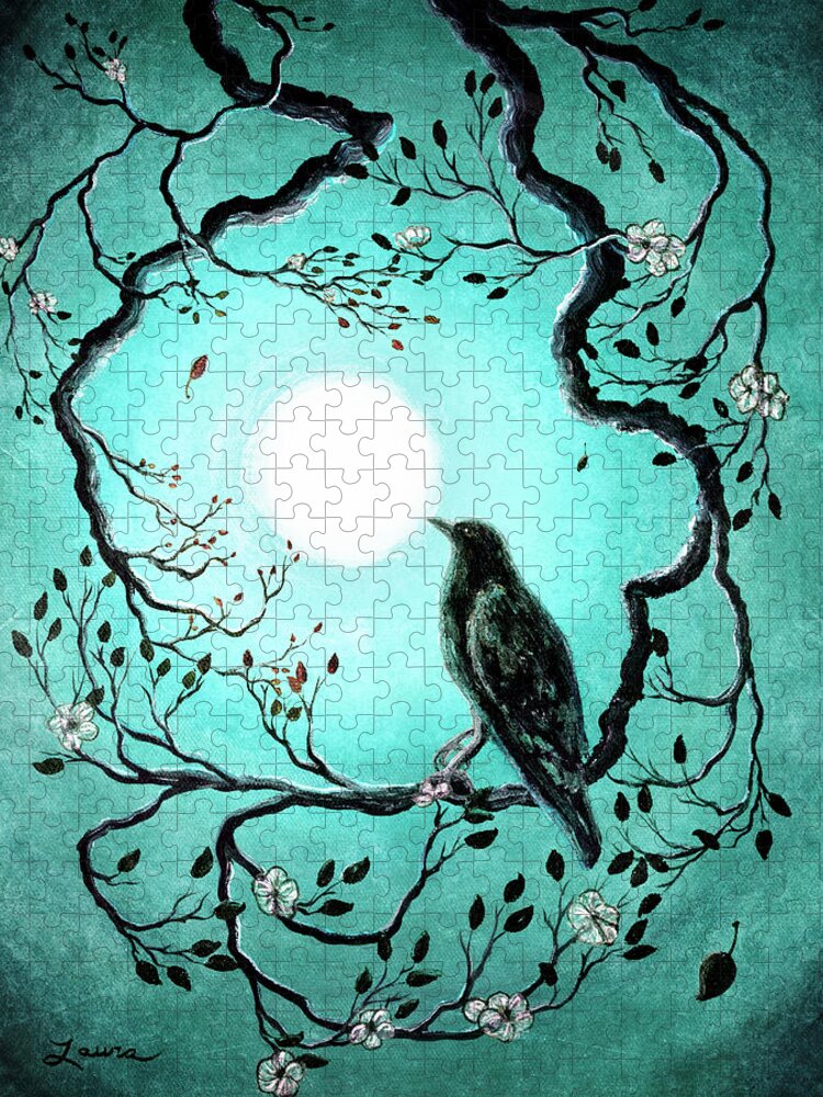 Crow Jigsaw Puzzle featuring the painting Raven in Teal by Laura Iverson